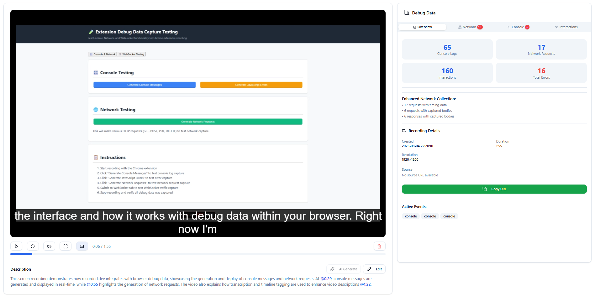 RecordIt interface showing debug data collection with console logs, network requests, and synchronized video playback